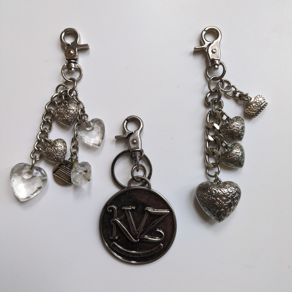 3 Kathy Van Zeeland Keychain Bag Charm Hang Tag Silver Heart Crystal Logo 3pc